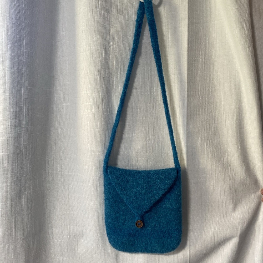 Felted Wool Handmade Blue Bag With Button Closure Strap 16” Length 9” Width 8”